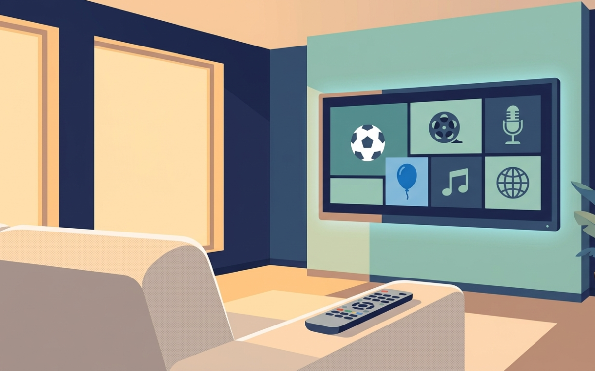 Catégories de chaînes IPTV affichées sur un écran de télé intelligente dans un salon canadien moderne