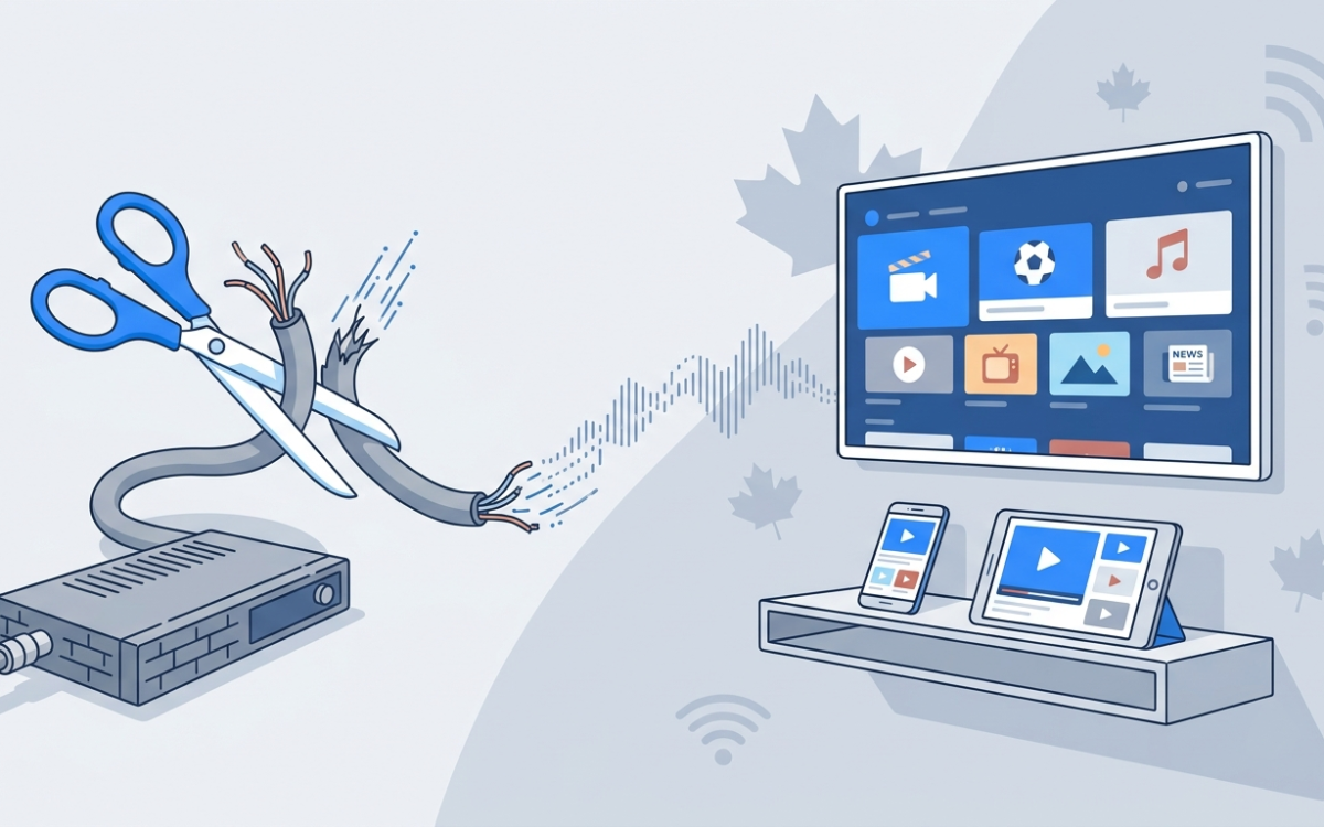 Ciseaux coupant un câble coaxial à côté d'un téléviseur intelligent diffusant en continu, illustrant comment regarder la télévision sans câble au Canada
