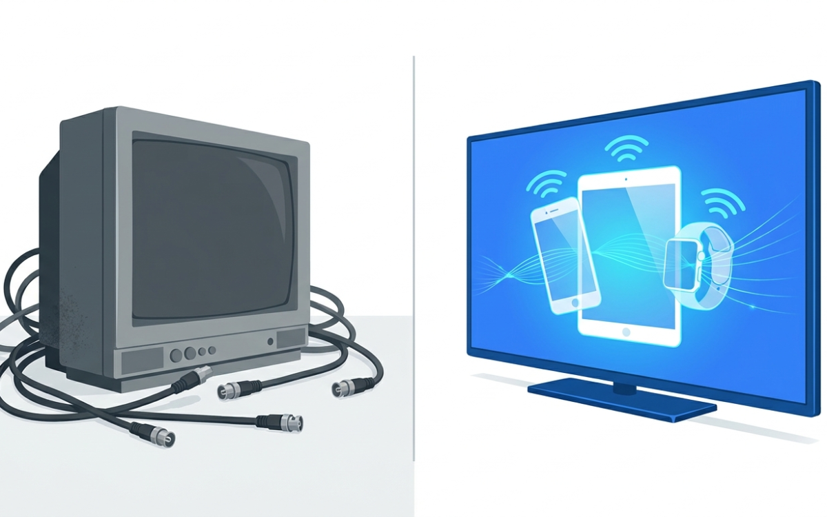Vieux décodeur câble comparé à une installation de diffusion IPTV moderne sur un téléviseur intelligent