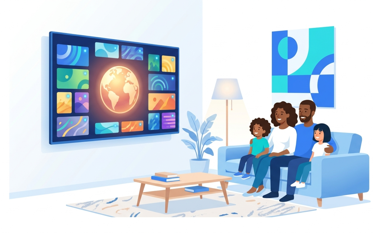 Famille canadienne multiculturelle regardant les chaînes IPTV internationales de son pays d'origine sur une télé intelligente
