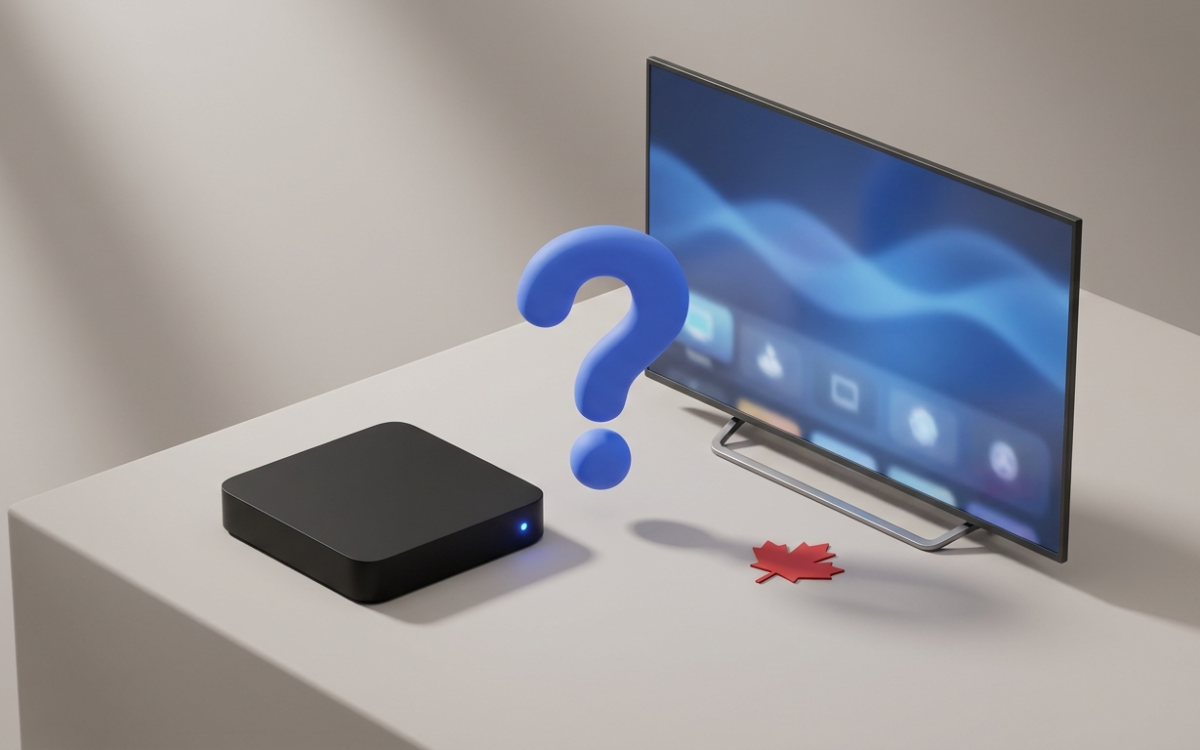 Boîtier de diffusion et téléviseur intelligent avec un point d'interrogation entre eux, demandant si vous avez besoin d'un boîtier IPTV au Canada