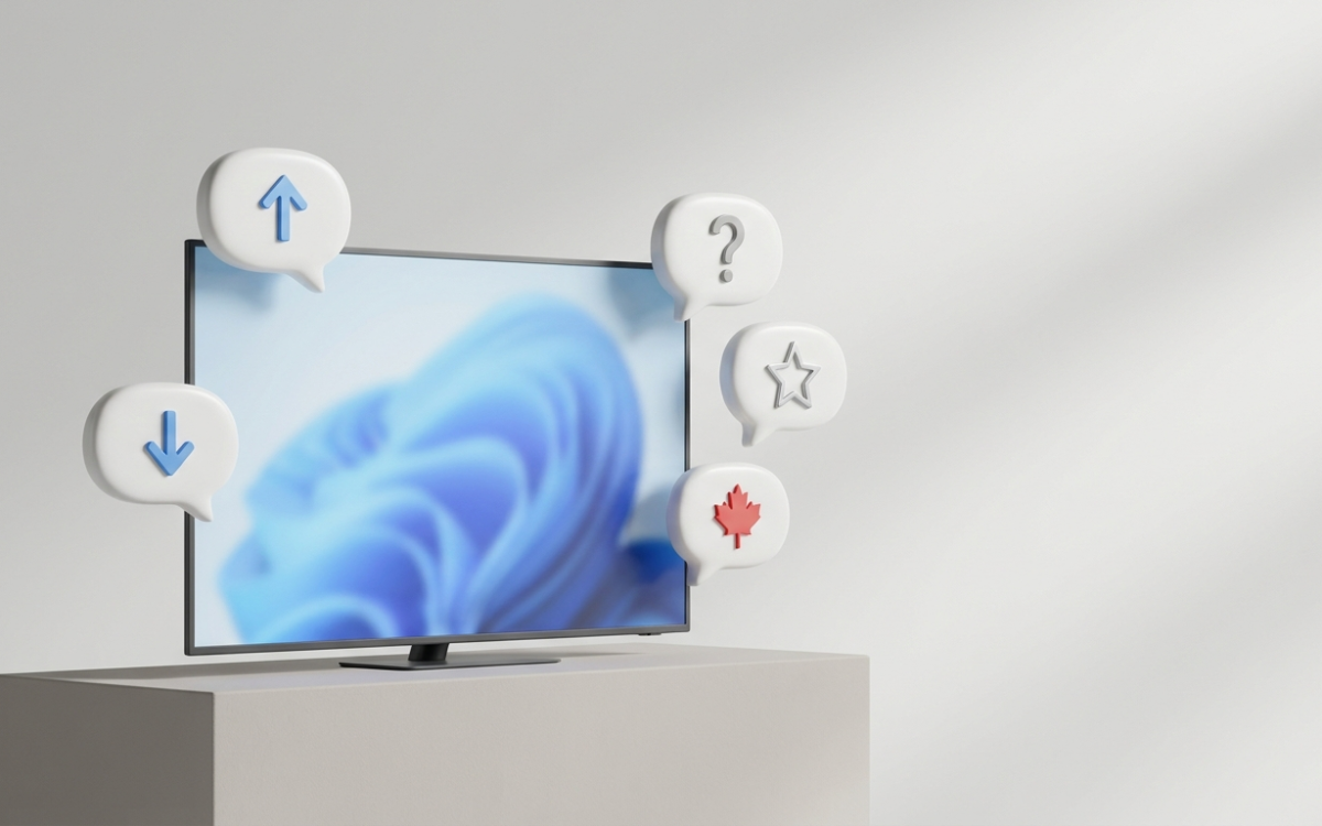 Bulles de dialogue avec votes positifs, votes négatifs et feuille d'érable autour d'un téléviseur, représentant les avis Reddit sur l'IPTV au Canada
