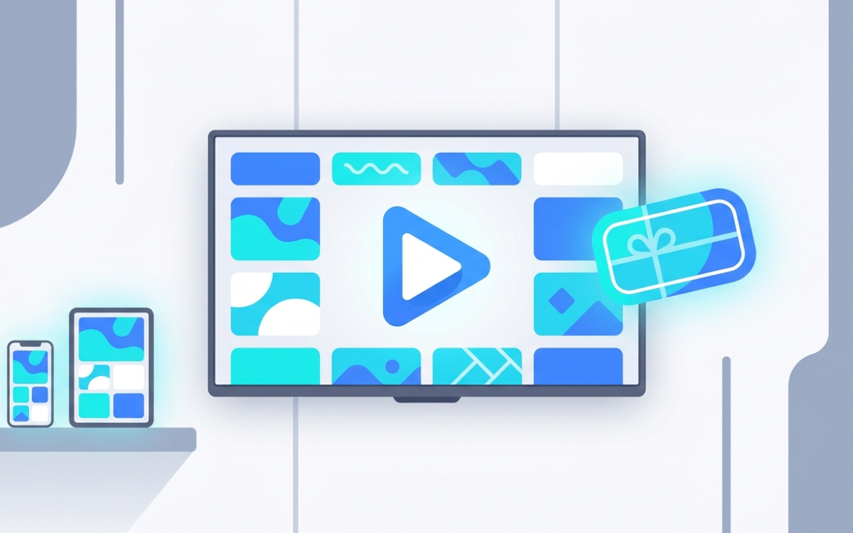 Téléviseur intelligent avec un bouton de lecture lumineux et une étiquette d'essai gratuit, diffusant du contenu IPTV au Canada