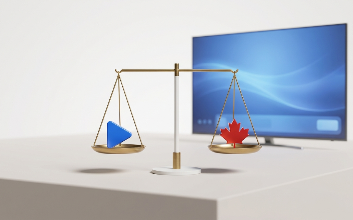 Balance de la justice pesant un bouton de lecture et une feuille d'érable, illustrant si l'IPTV est légal au Canada
