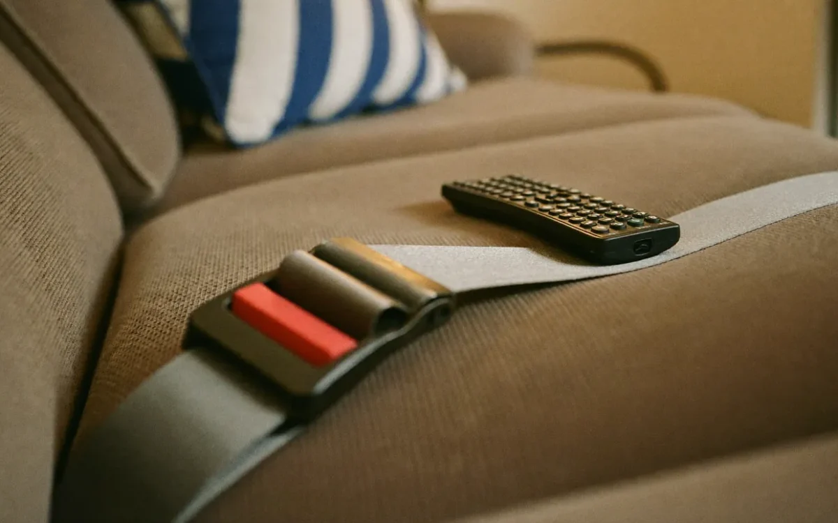 Télécommande de télévision posée sur une ceinture de sécurité attachée sur un canapé, illustrant la sécurité de l'IPTV au Canada